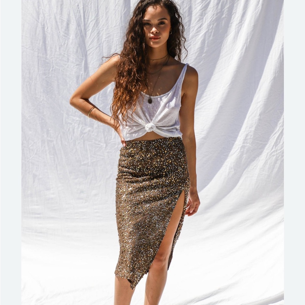 Jen's Pirate Booty Sparkling Brown Midi Skirt with Slit